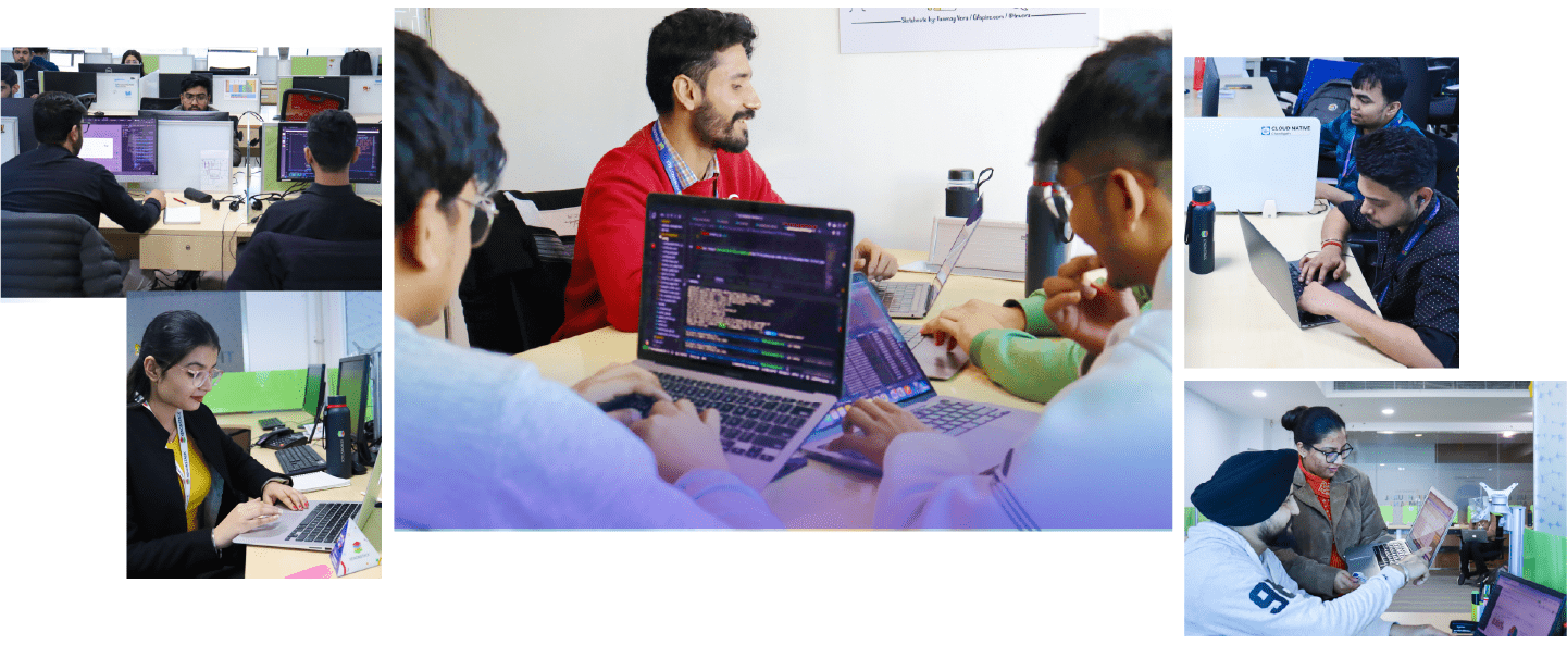 Diverse group of employees collaborating in various work settings, highlighting teamwork, innovation, and productivity.