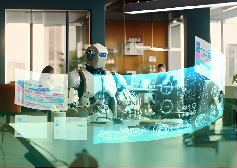 Robot engaged with a computer in an office setting featuring holographic displays, symbolizing modern business processes and operational excellence.