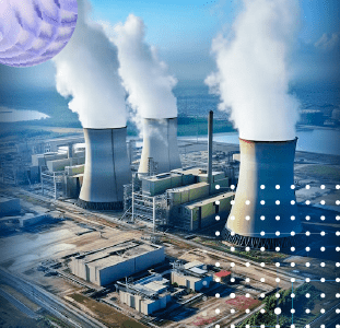A nuclear power plant with cooling towers and smoke, representing digital transformation in oil and gas through mobile applications and edge computing.