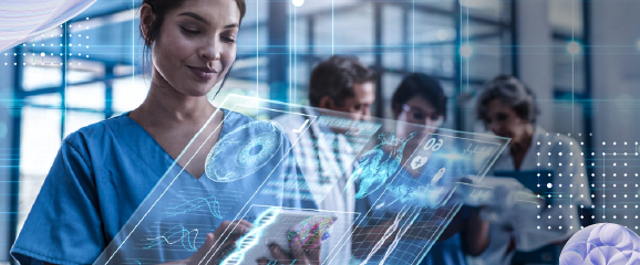 Medical professional analyzes holographic imagery, depicting decision intelligence enhancing patient outcomes via AI technologies