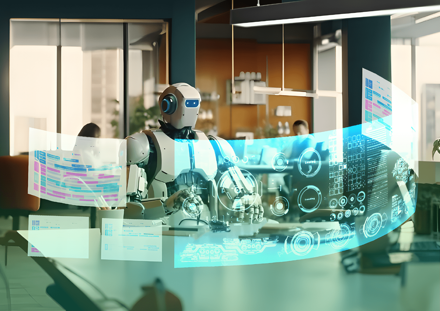 Robot interacting with a computer in an office environment with holographic displays, representing advanced business processes and operational excellence.
